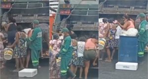 Pessoas procuram o que comer no caminhão do lixo, em Fortaleza. Foto: Reprodução