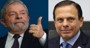 Montagem com Lula, fazendo um joinha, ao lado de Doria.