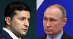 reunião entre zelensky e putin poderá acontecer na turquia. Montagem de Zelensky, à esquerda, e Putin, à direita, com olhar sério e pensativo.