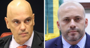 Montagem. Foto do ministro Alexandre de Moraes, à esquerda, e do deputado Daniel Silveira, à direita.