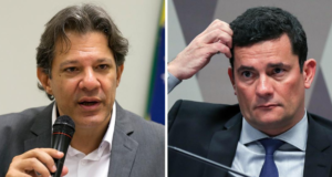 Haddad ironiza Moro após áudio vazado de Mamãe Falei. Montagem de foto. À esquerda, Haddad usa terno cinza e camisa branca, à direira, Moro usa terno preto e gravata azul. ele tem uma expressão de preocupação.