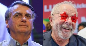 Jair Bolsonaro (PL) sério e Luiz Inácio Lula da Silva (PT) sorrindo em montagem de fotos