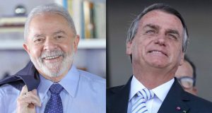 Montagem de fotos de Lula e Bolsonaro sorrindo