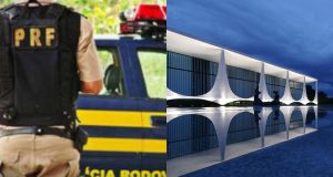 Montagem de fotos de agente da PRF com carro e Palácio do Alvorada