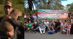 Montagem de fotos de Agenor com Filõ e manifestantes