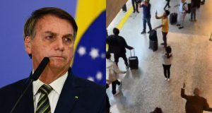 Montagem de fotos de Jair Bolsonaro e lulistas em aeroporto