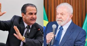 Montagem de fotos de Silas Malafaia e Lula, ambos sérios