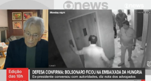 Print do Edição das 18h da GloboNews, com tela dividida entre Gabeira e vídeo de Bolsonaro