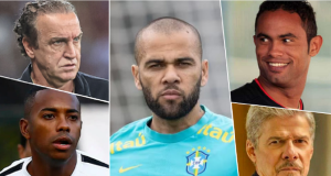 Montagem de fotos de Bruno, José Mayer, Daniel Alves, Robinho e Cuca