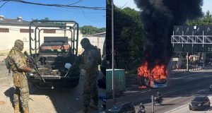 Montagem de fotos de Policiais no Complexo da Maré e ônibus incendiado em via expressa