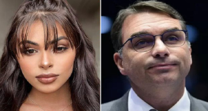 Montagem de fotos de Sophia Barclay e Flávio Bolsonaro, ambos com expressão de deboche