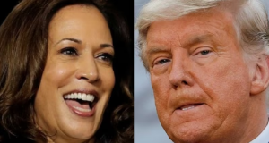 Montagem de fotos de Kamala Harris sorrindo e Donald Trump fazendo careta