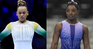 Montagem de fotos de Rebeca Andrade e Simone Biles, ambas sérias