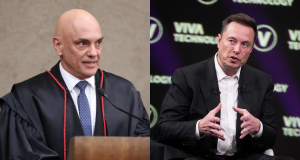 Montagem de fotos de Alexandre de Moraes e Elon Musk, ambos falando sem olhar para a câmera