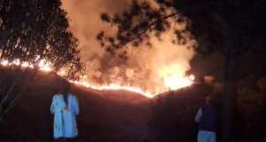 Dois indígenas de costas, em pé, olhando para incêndio, à noite