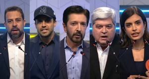 Montagem de fotos de candidatos à Prefeitura de São Paulo em debate Gazeta/MyNews: da esquerda para a direita, Guilherme Boulos, Pablo Marçal, Ricardo Nunes, José Luiz Datena e Tabata Amaral, todos virados pra frente