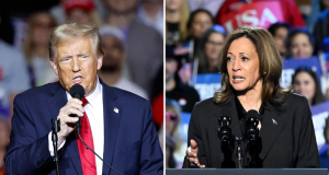 Montagem de fotos de Donald Trump e Kamala Harris, ambos sérios e falando, ela olhando para o lado