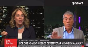 Tela da GloboNews dividida entre Sandra Coutinho e Demétrio Magnoli